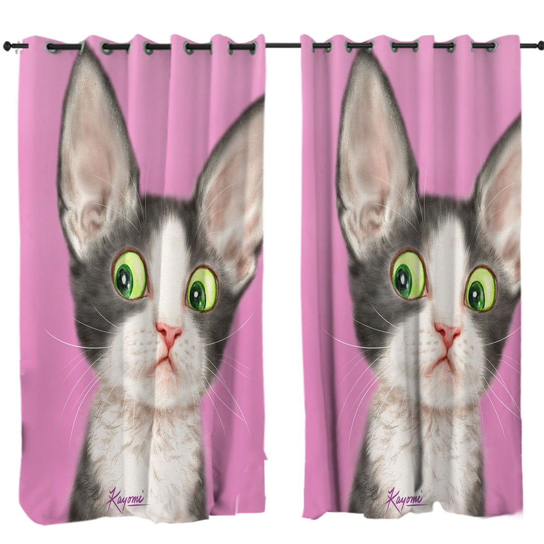 Big Ears Girly Kitty Cat over Pink Curtains