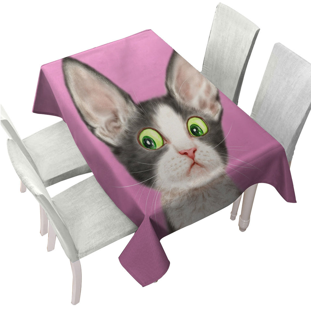 Big Ears Girly Kitty Cat over Pink Tablecloths