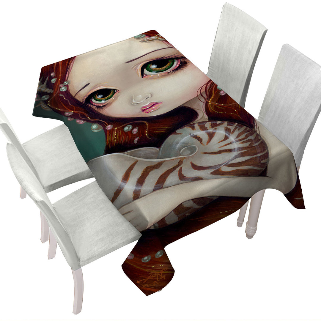 Big Eyed Beautiful Princess Girl and Nautilus Shell Table Cover