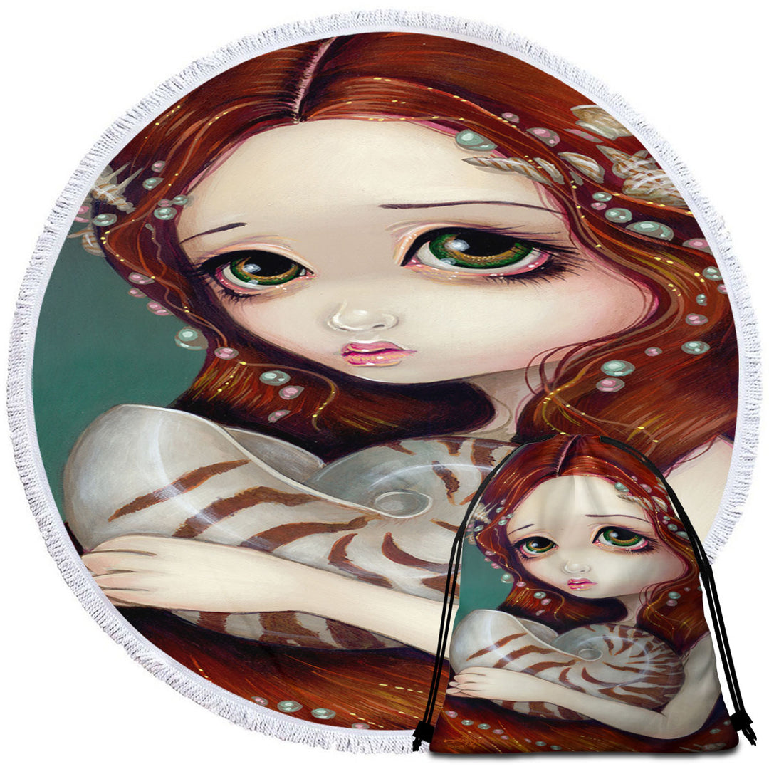 Big Eyed Beautiful Princess Girl and Nautilus Shell Unique Beach Towels