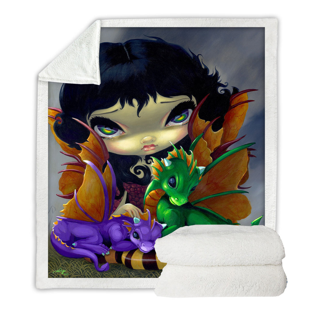 Big Eyed Dragon Fairy and Her Two Cute Dragonlings Fleece Blankets