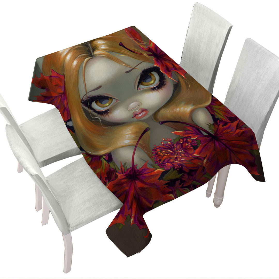 Big Eyed Fairy Portrait the Red Maple Leaves Fairy Custom table Covers