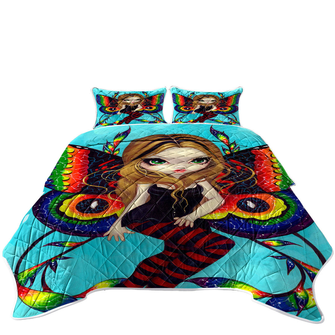Big Eyed Fairy with Vibrant Colorful Vivid Wings Coverlet