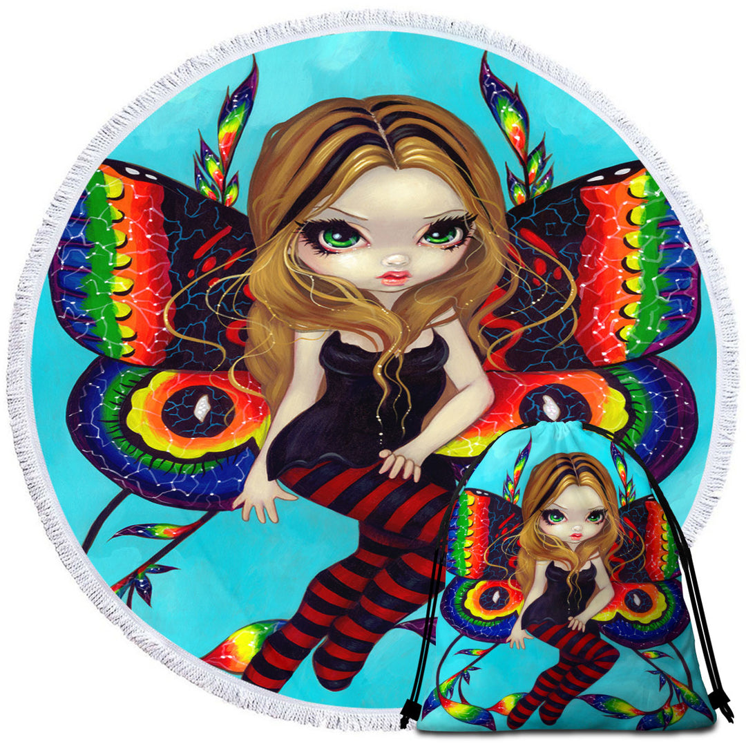 Big Eyed Fairy with Vibrant Colorful Vivid Wings Nice Beach Towels