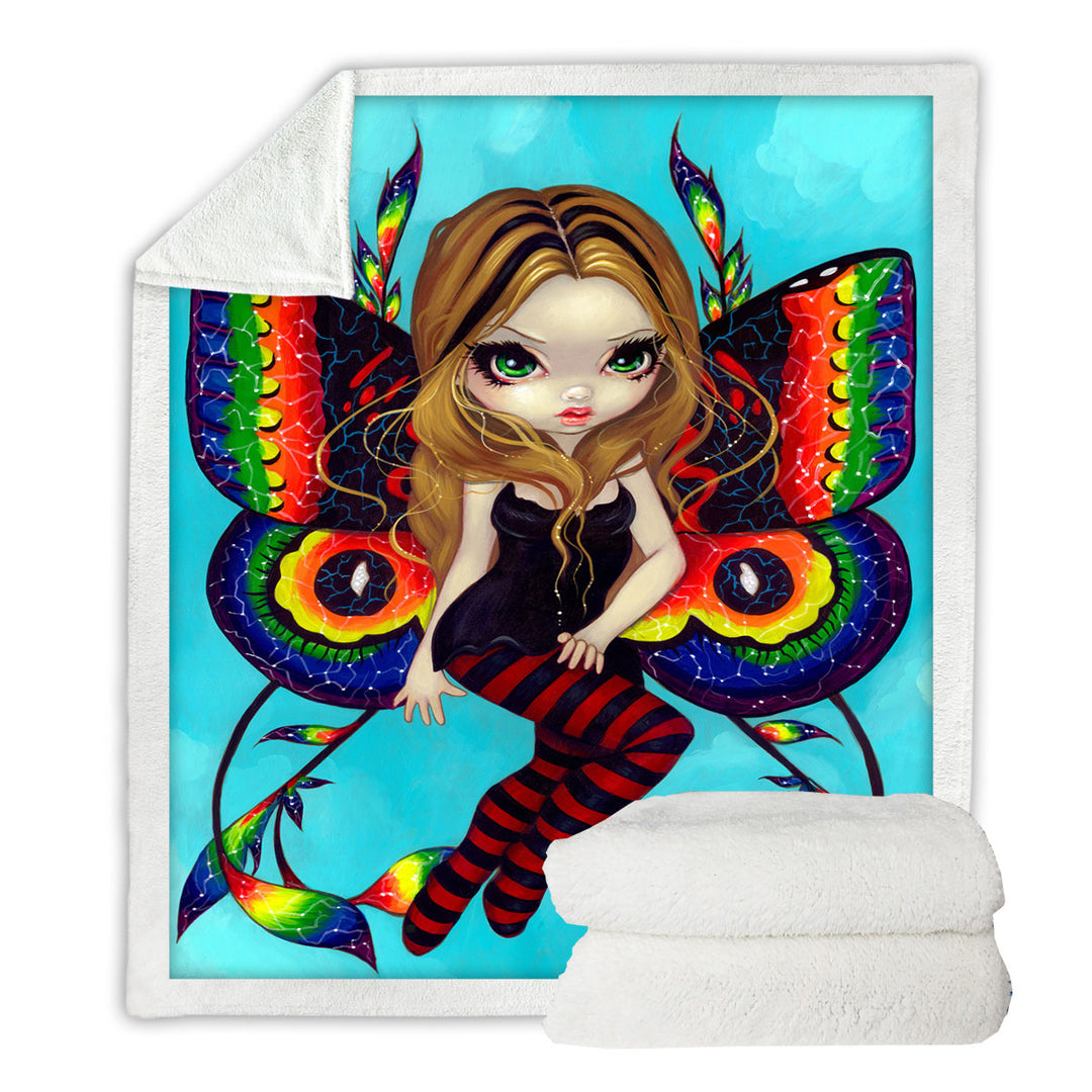 Big Eyed Fairy with Vibrant Colorful Vivid Wings Sherpa Blanket