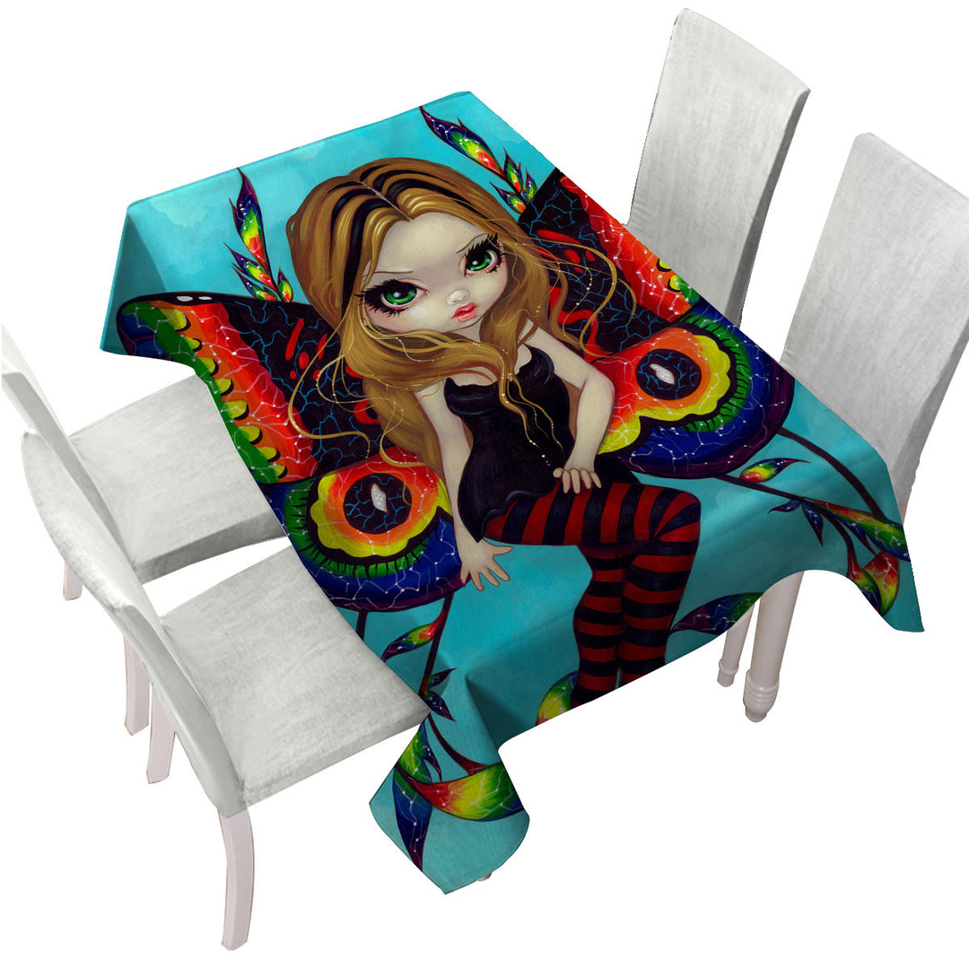 Big Eyed Fairy with Vibrant Colorful Vivid Wings Tablecloths