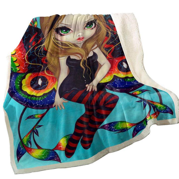 Big Eyed Fairy with Vibrant Colorful Vivid Wings Throw Blanket