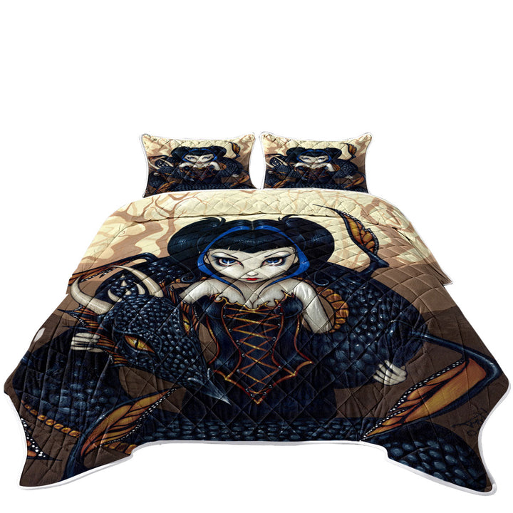 Black Dark Dragon Gothic Beautiful Girl California King Quilt Sets