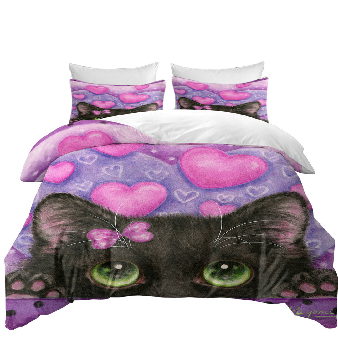 Black Kitten Cat in Love Hearts on Purple Coverlet
