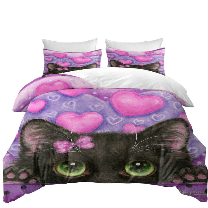 Black Kitten Cat in Love Hearts on Purple Coverlet