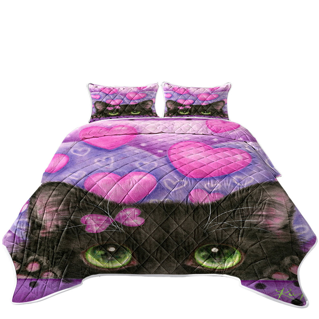 Black Kitten Cat in Love Hearts on Purple Coverlets