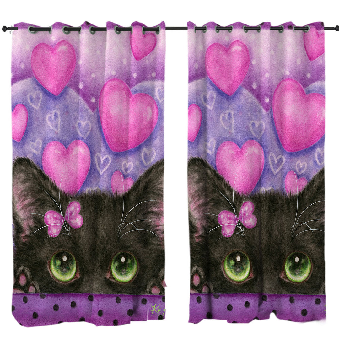 Black Kitten Cat in Love Hearts on Purple Curtain