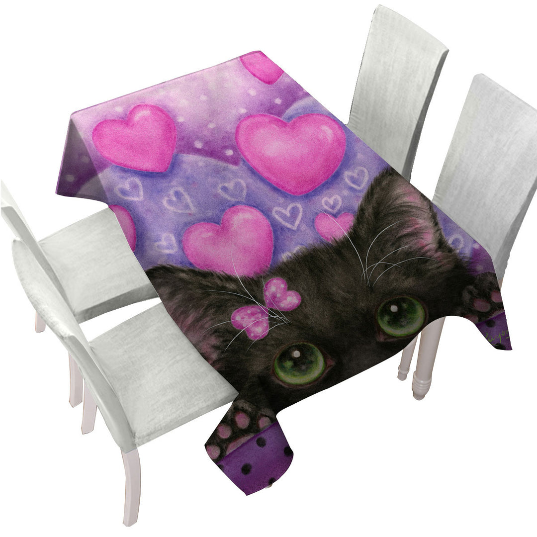Black Kitten Cat in Love Hearts on Purple Custom table cloth