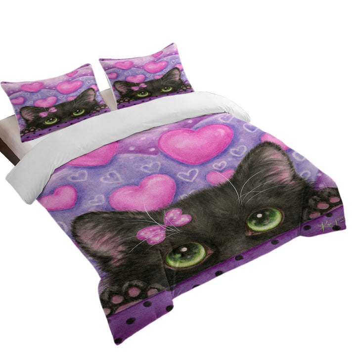 Black Kitten Cat in Love Hearts on Purple Good Duvet Covers