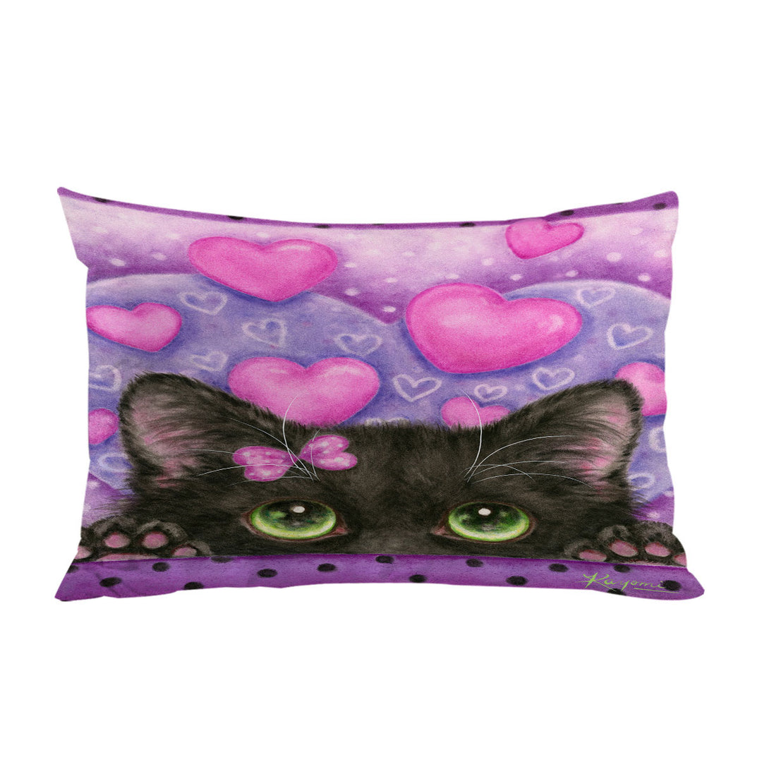 Black Kitten Cat in Love Hearts on Purple Pillow Cases