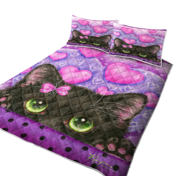 Black Kitten Cat in Love Hearts on Purple Quilts for Beds