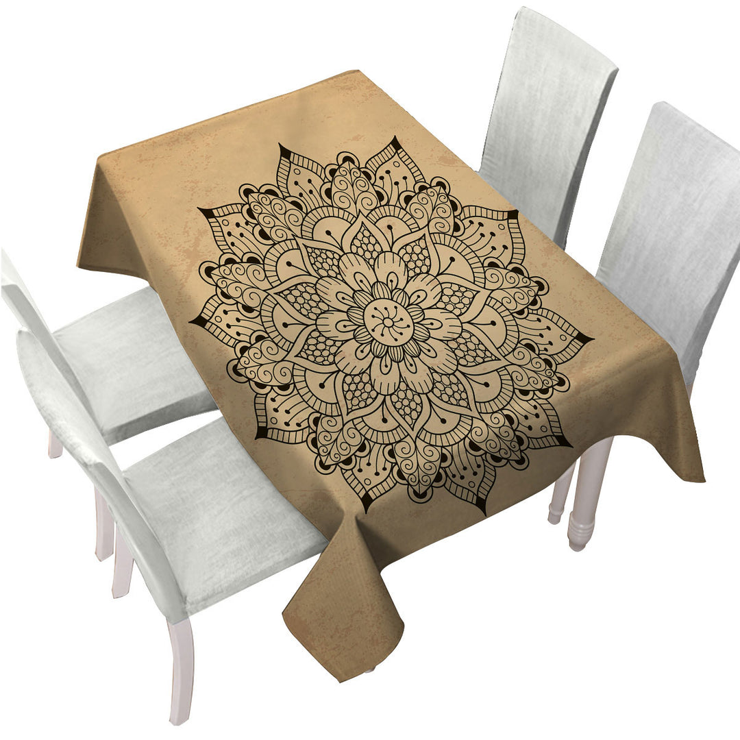 Black Mandala over Light Tan Tablecloth