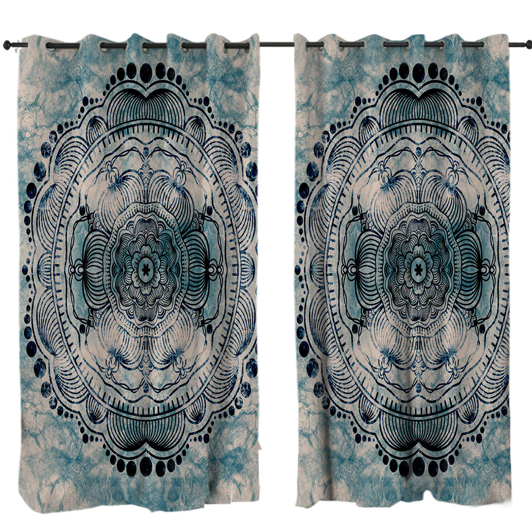 Black Royal Mandala on Dark Blue Rock Drapes and Curtains
