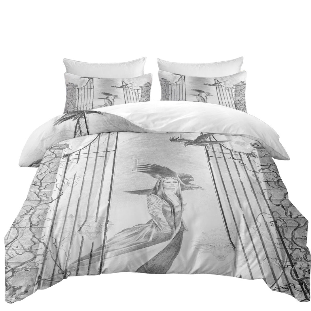 Black and White Art Drawing Beauty in Castle Coverlet