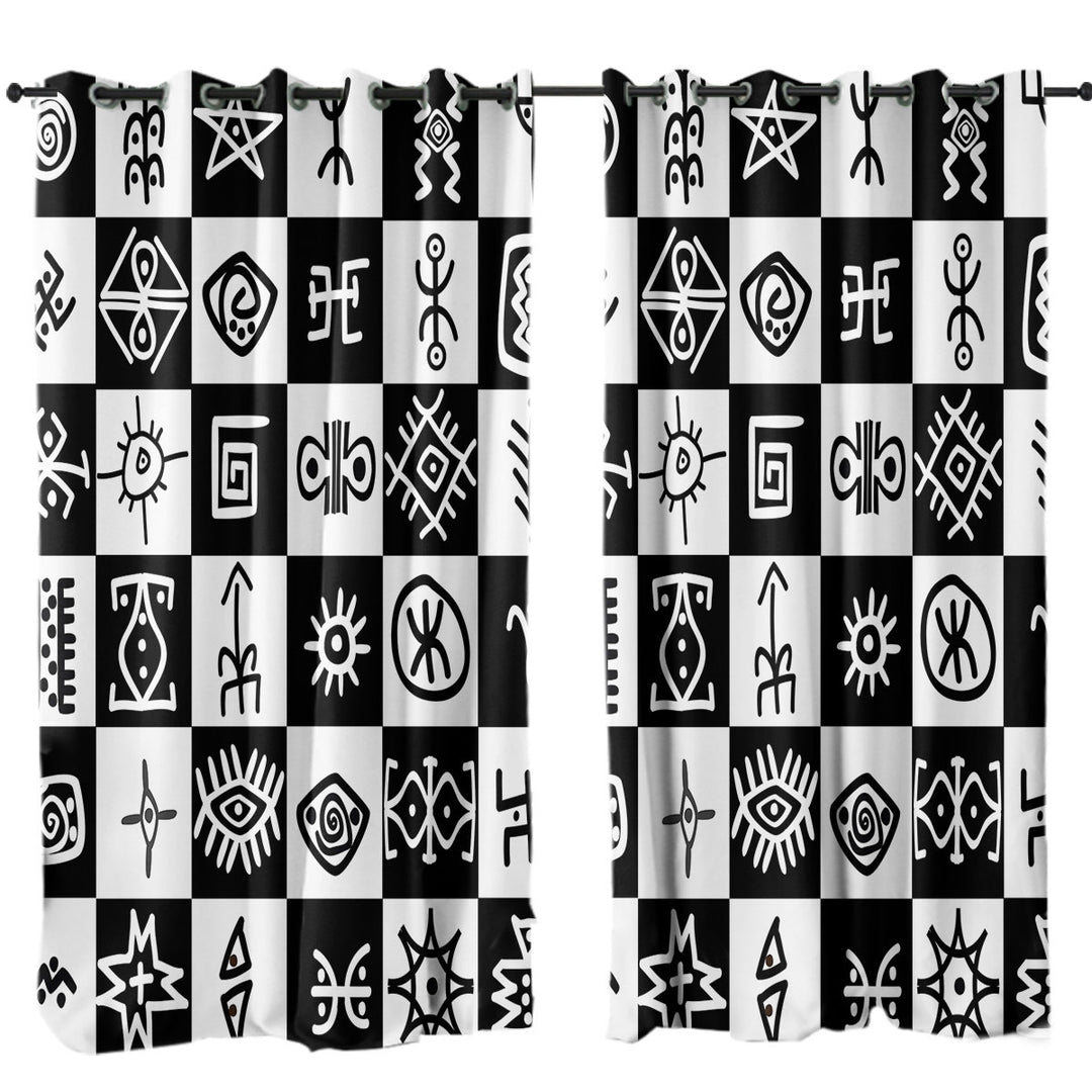 Black and White Aztec Symbols Checkers Curtains