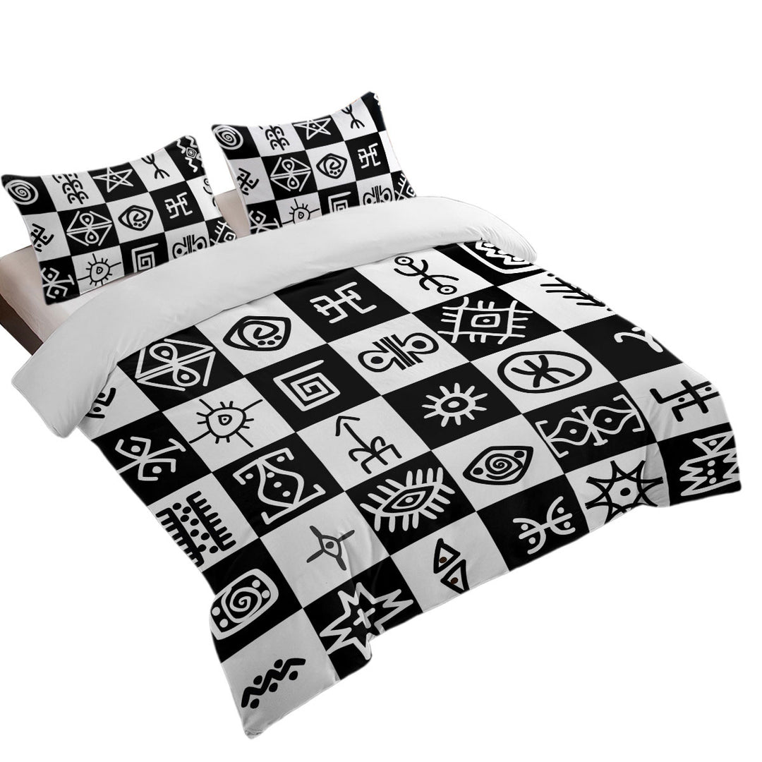 Black and White Aztec Symbols Checkers Duvet Cover sale