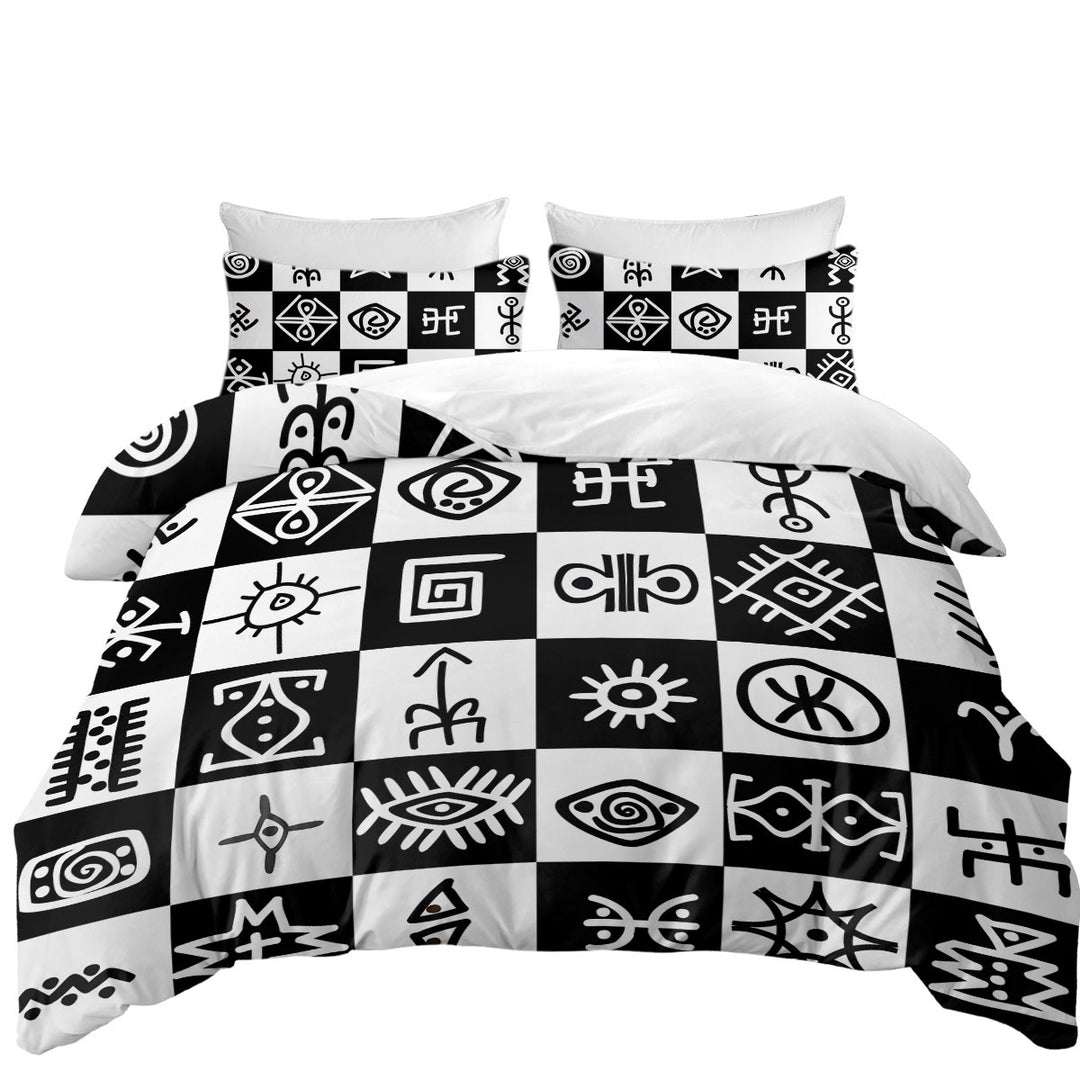 Black and White Aztec Symbols Checkers Duvet Cover set