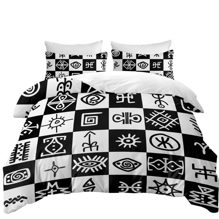 Black and White Aztec Symbols Checkers Duvet Cover set