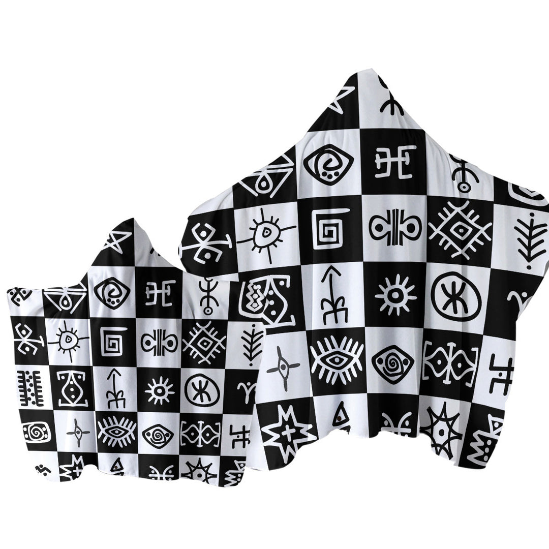 Black and White Aztec Symbols Checkers Hooded Beach Towel