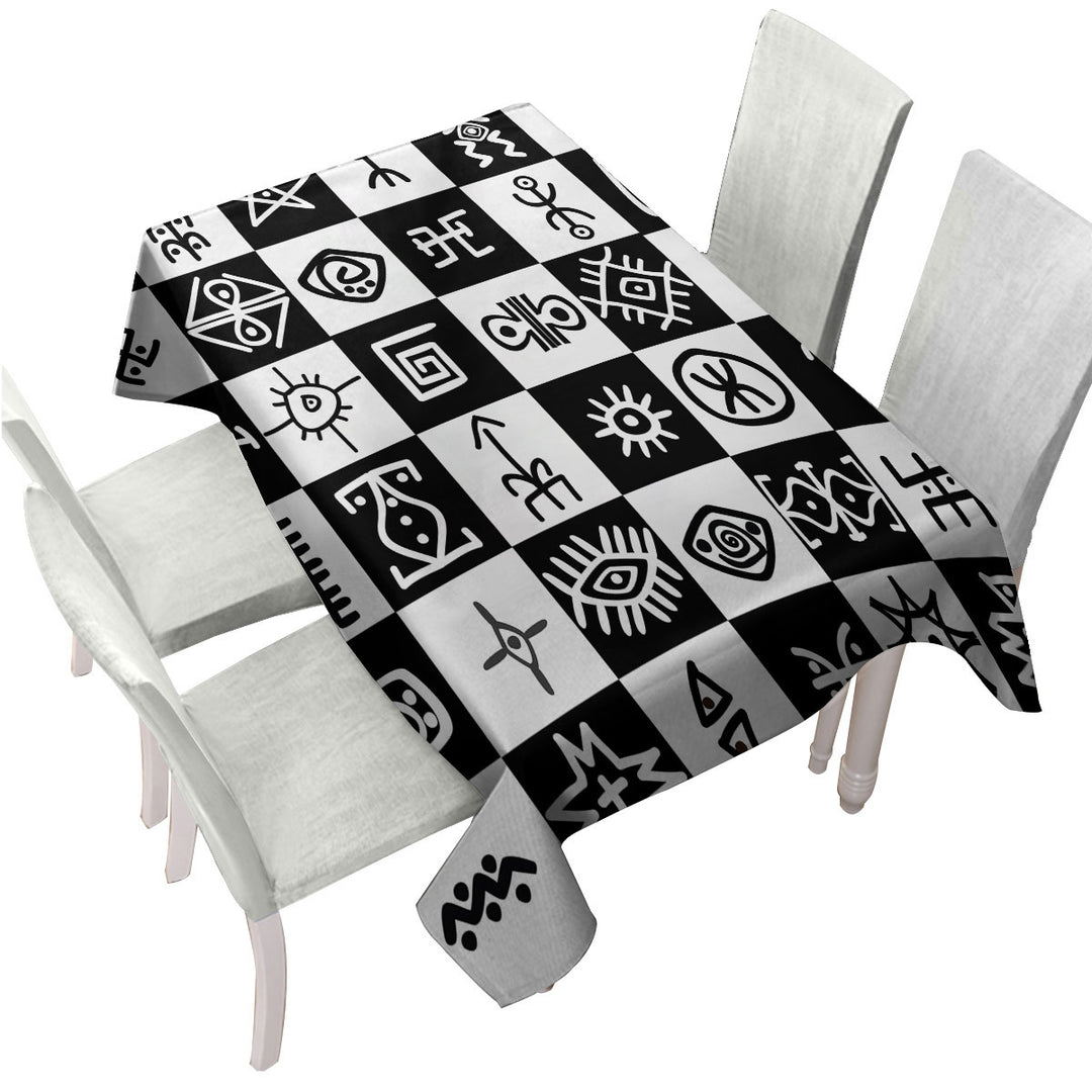 Black and White Aztec Symbols Checkers Tablecloth