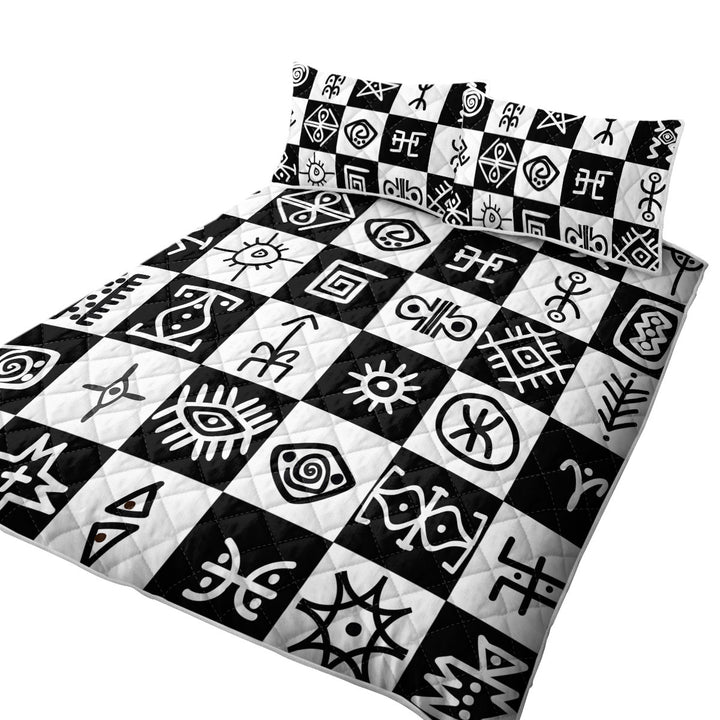 Black and White Aztec Symbols Checkers Twin Quilt
