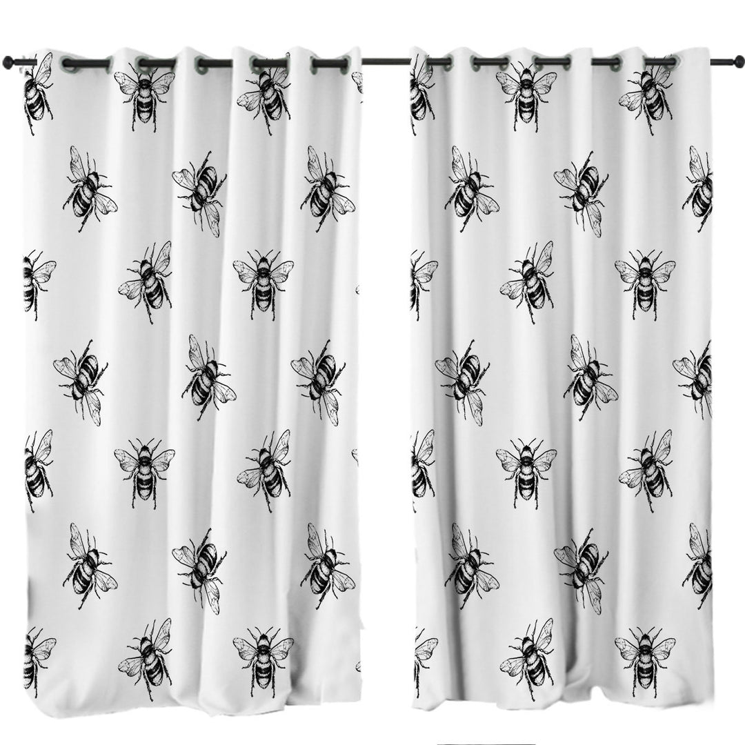 Black and White Bee Pattern Drapes and Curtains