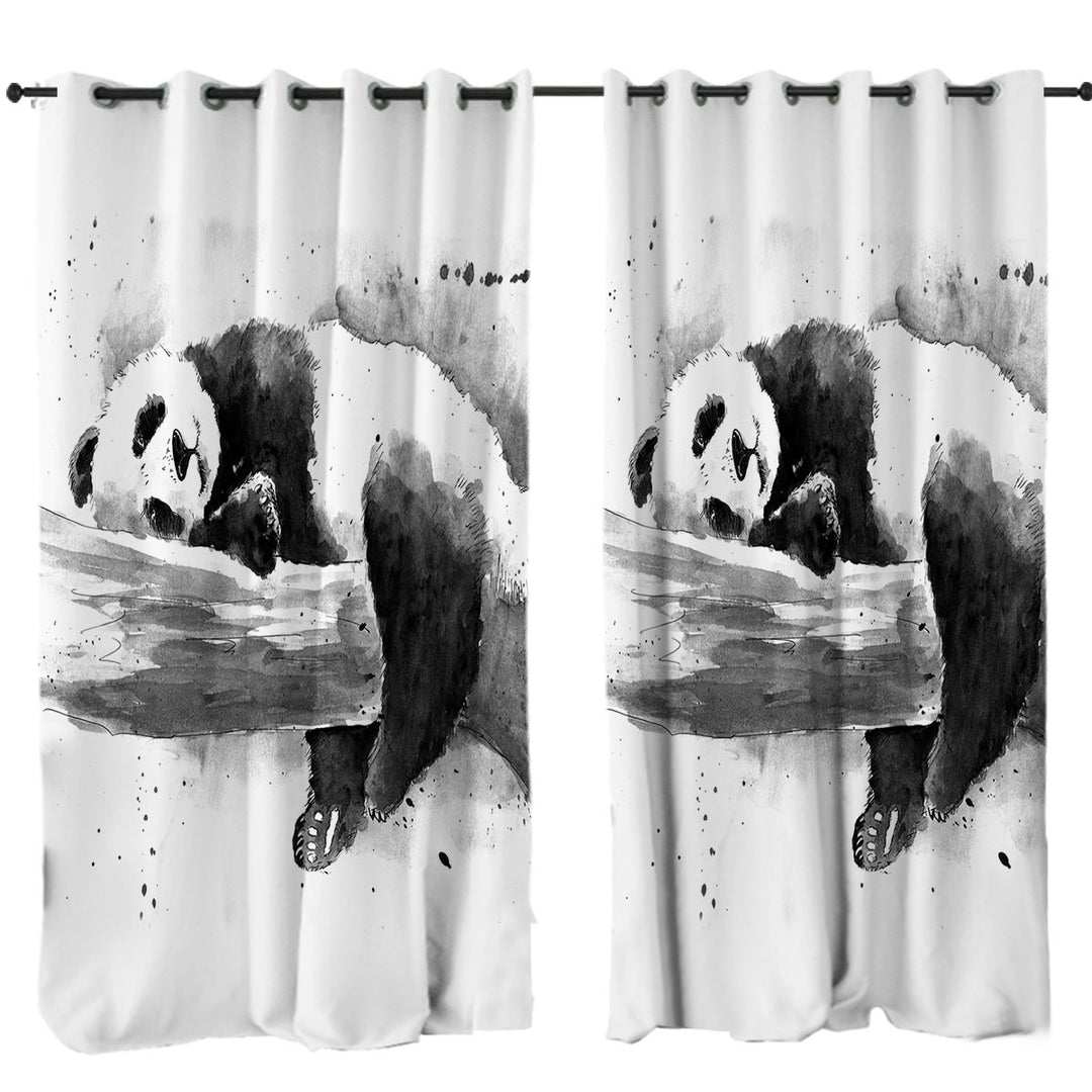 Black and White Drawing of a Cute Sleeping Panda Drapery
