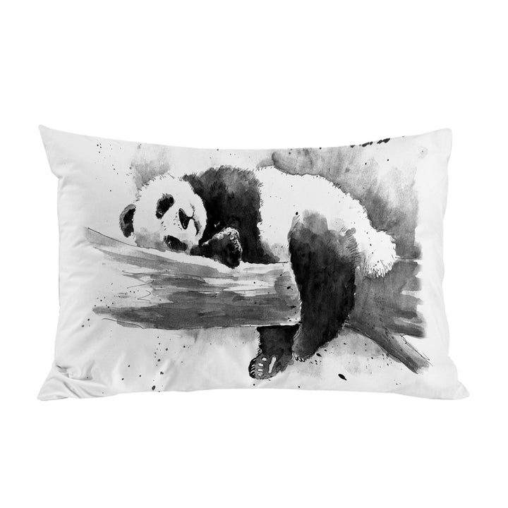 Black and White Drawing of a Cute Sleeping Panda Pillow Cases