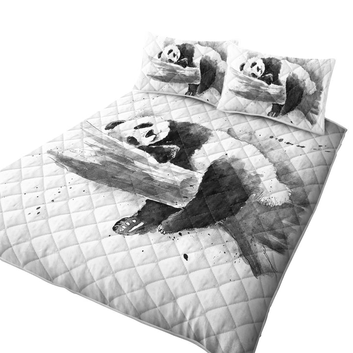 Black and White Drawing of a Cute Sleeping Panda Quilt
