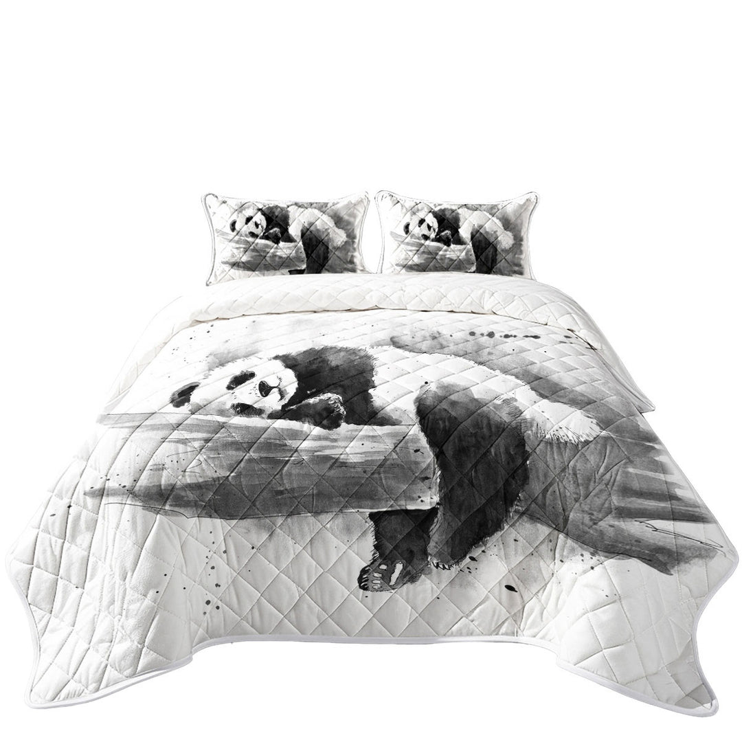 Black and White Drawing of a Cute Sleeping Panda Quilts