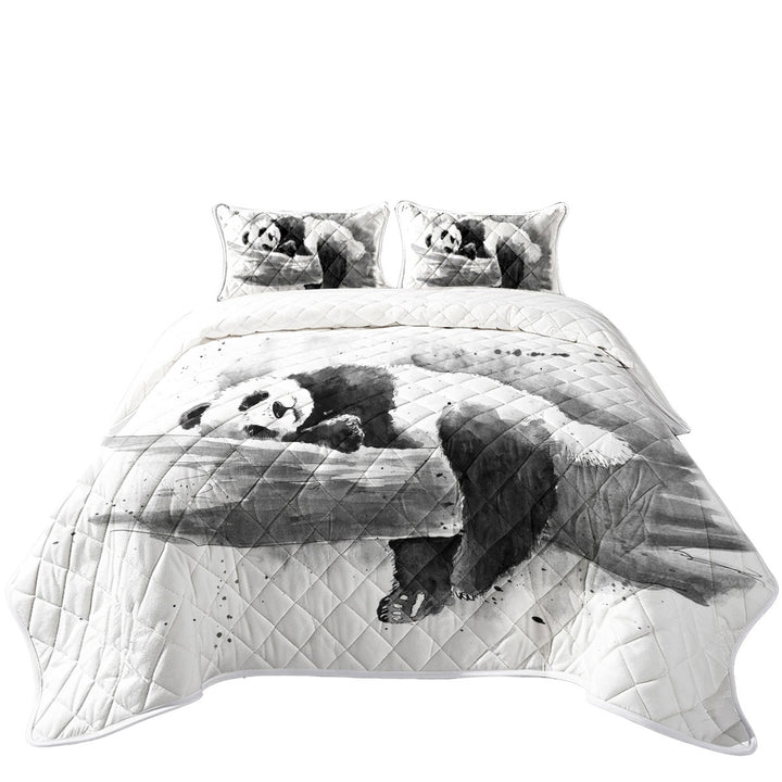 Black and White Drawing of a Cute Sleeping Panda Quilts