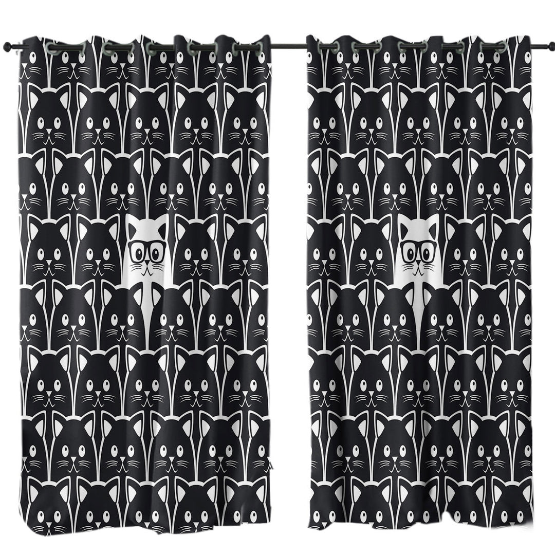 Black and White Funny Cats Print Curtains