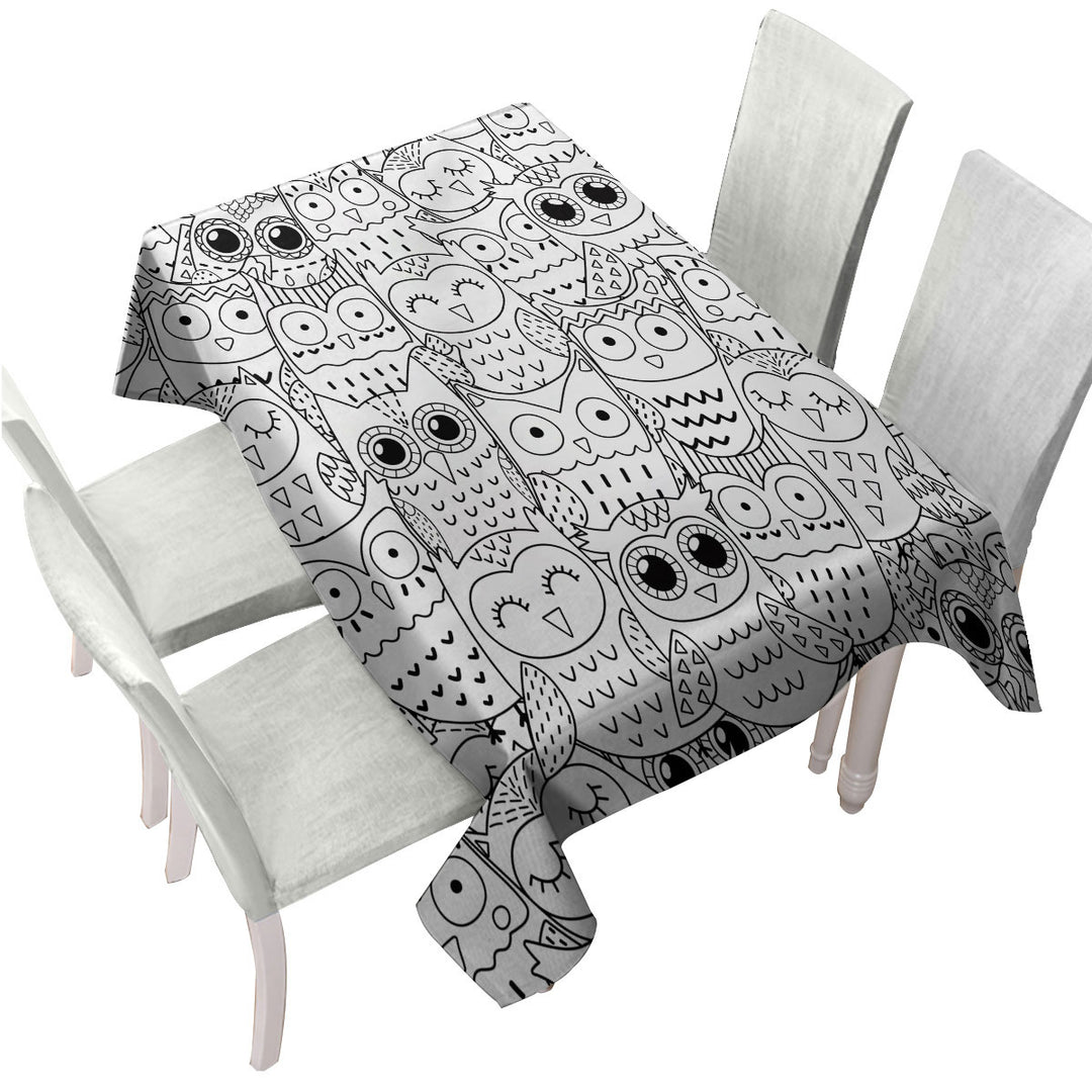 Black and White Owls Drawings Tablecloth