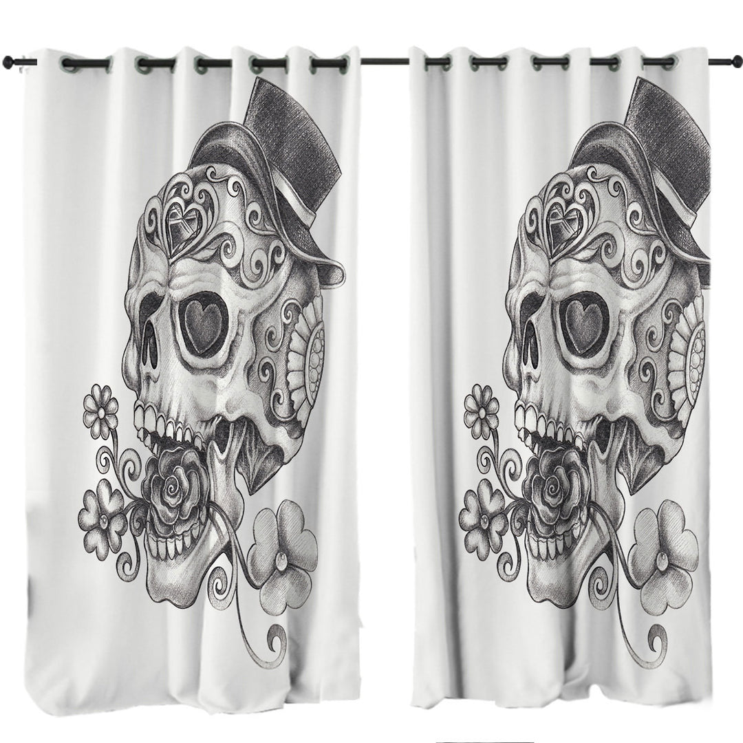 Black and White Pencil Skull Drawing Curtains