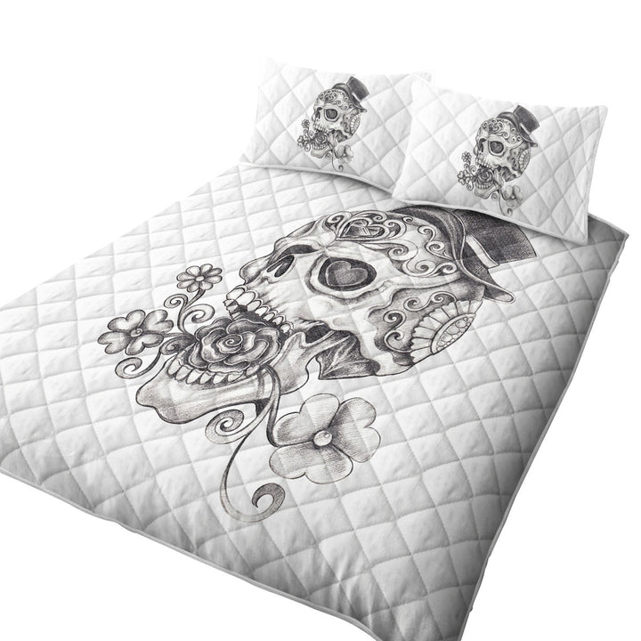 Black and White Pencil Skull Drawing King Size Bedspreads