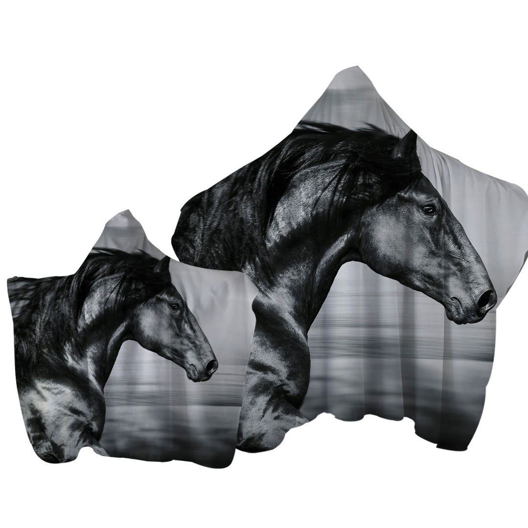 Black and White Photo Wild Horse Hooded Beach Towel