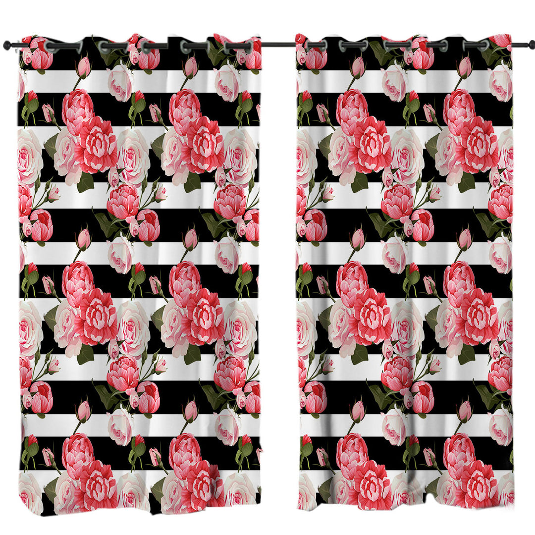 Black and White Stripes and Pinkish Roses Drapes