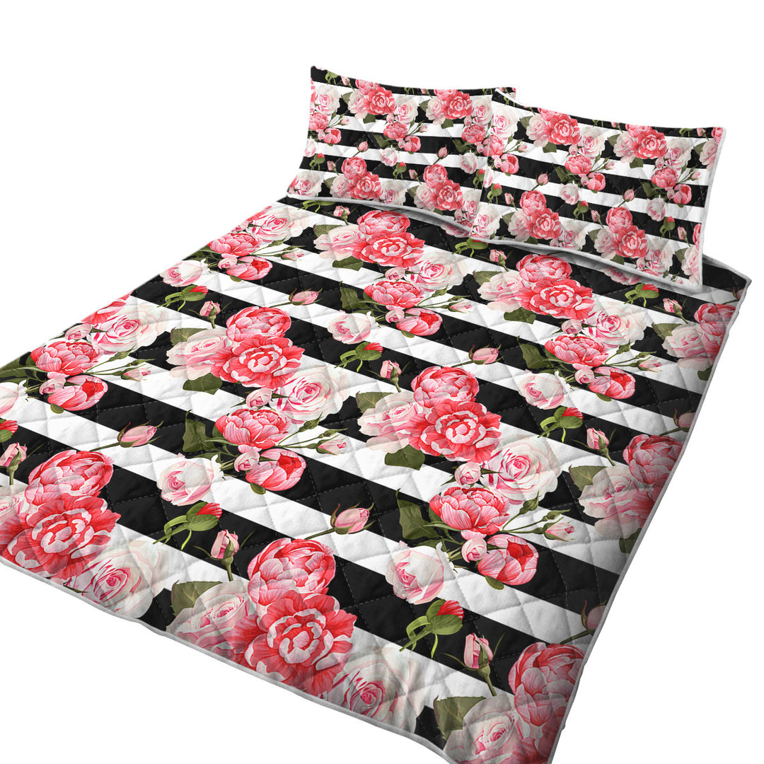 Black and White Stripes and Pinkish Roses King Size Bedspreads