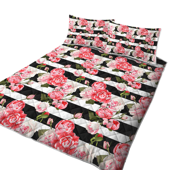 Black and White Stripes and Pinkish Roses King Size Bedspreads