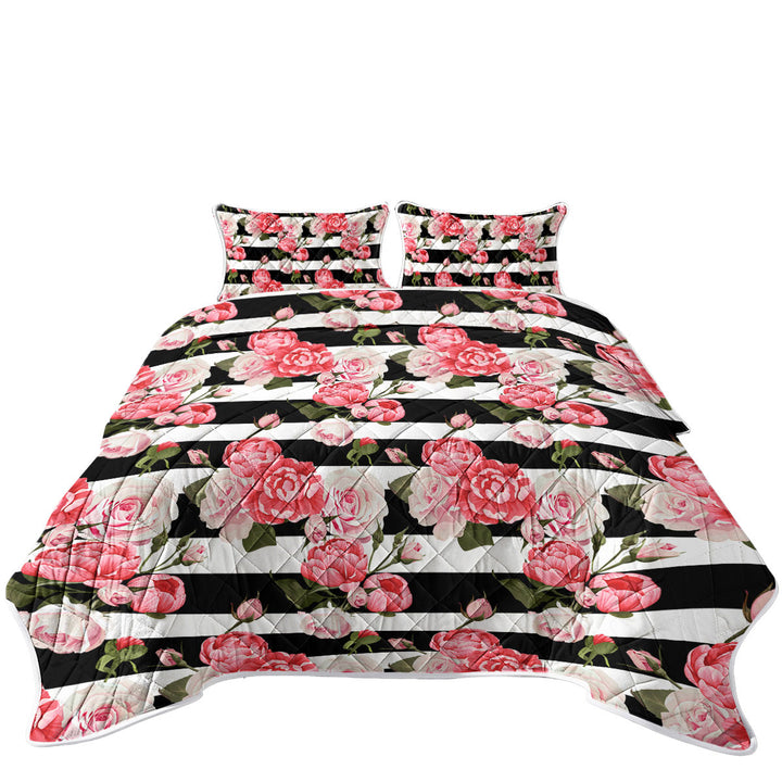 Black and White Stripes and Pinkish Roses Summer Quilt