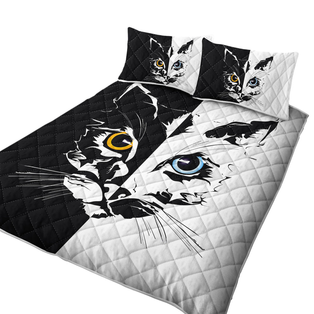 Black and White Tough Cat Face Yellow VS Blue Coverlet