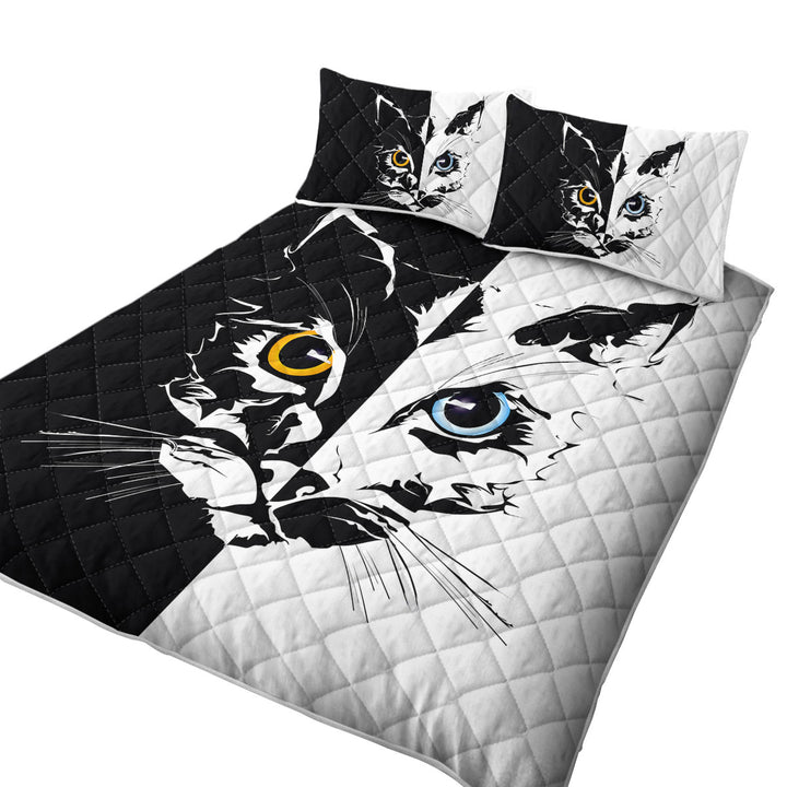 Black and White Tough Cat Face Yellow VS Blue Coverlet