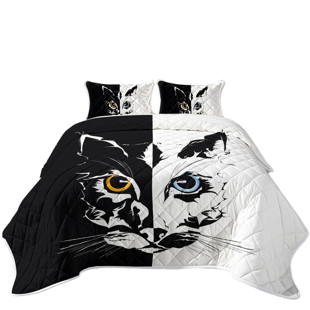 Black and White Tough Cat Face Yellow VS Blue Coverlets