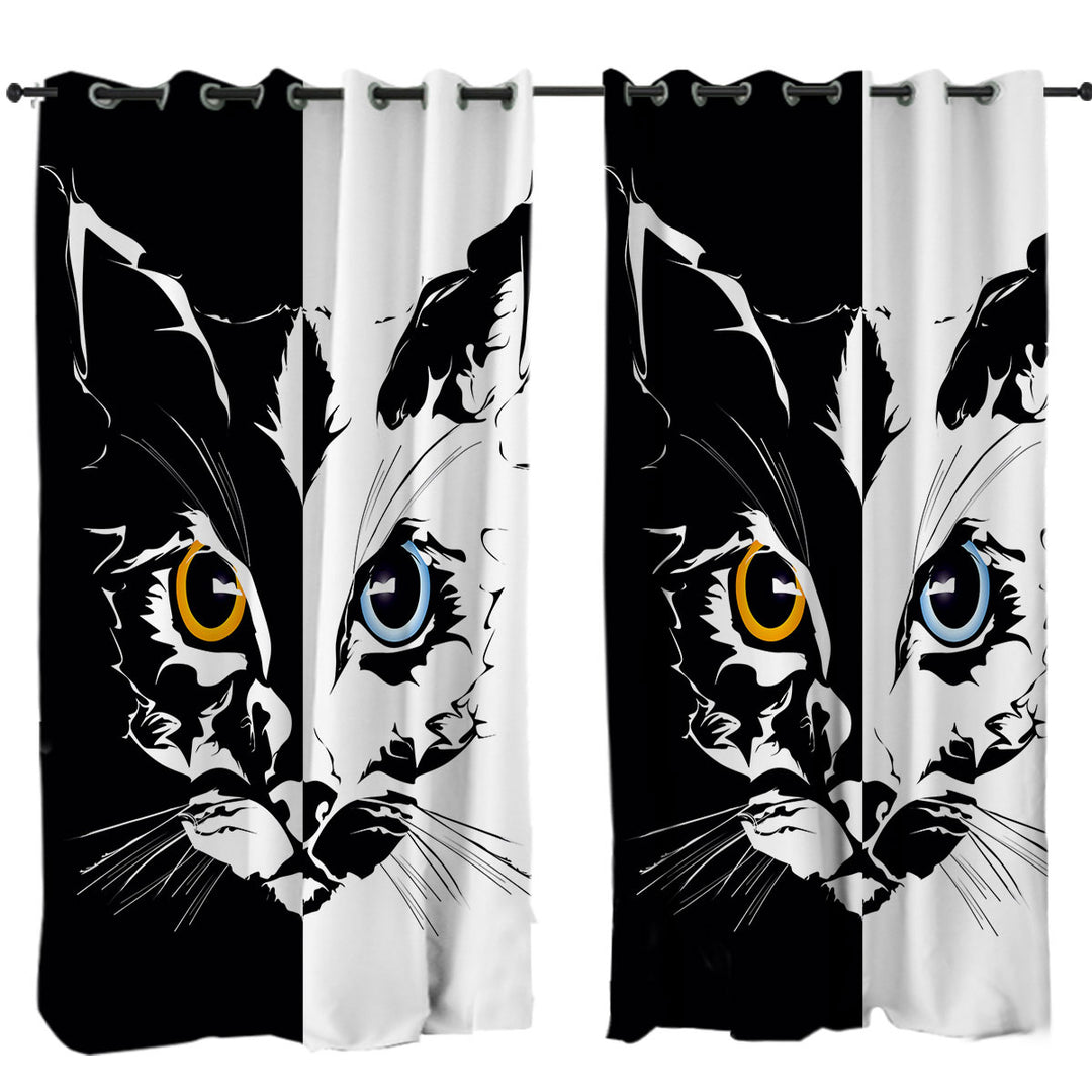 Black and White Tough Cat Face Yellow VS Blue Curtain