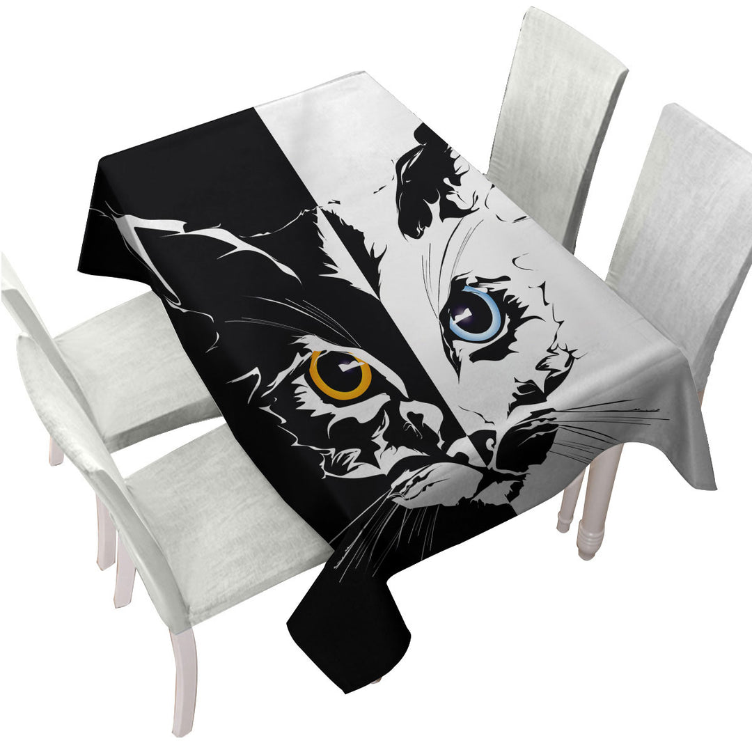 Black and White Tough Cat Face Yellow VS Blue Custom table cloth